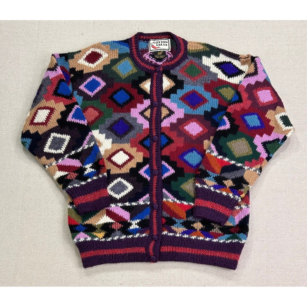 COTTON SALSA Handmade Peru 100% Alpaca Wool Geometric Diamond Cardigan Sweater